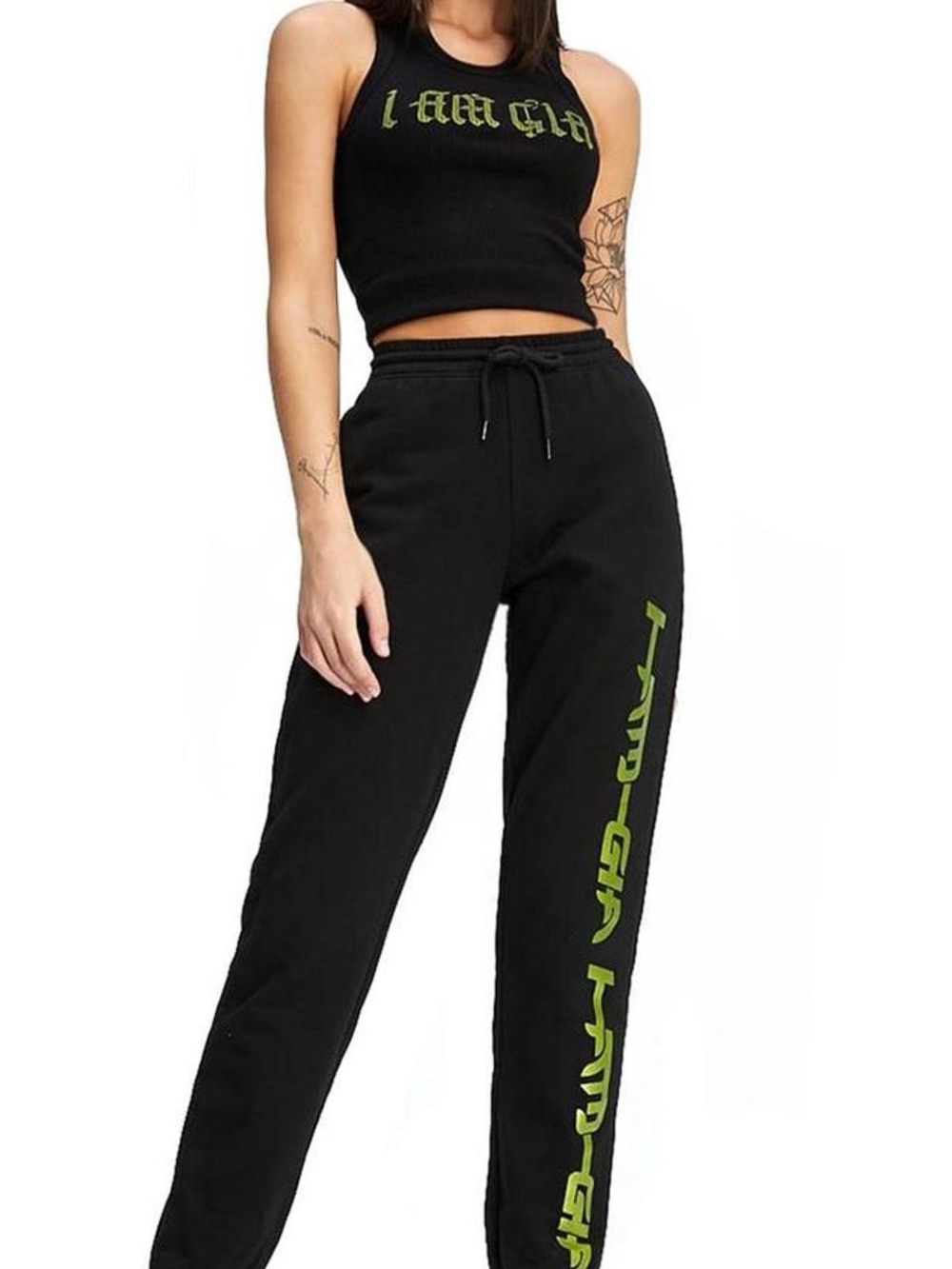 I.AM.GIA Matching Tank and Sweatpants Set with Neon Green Logo
